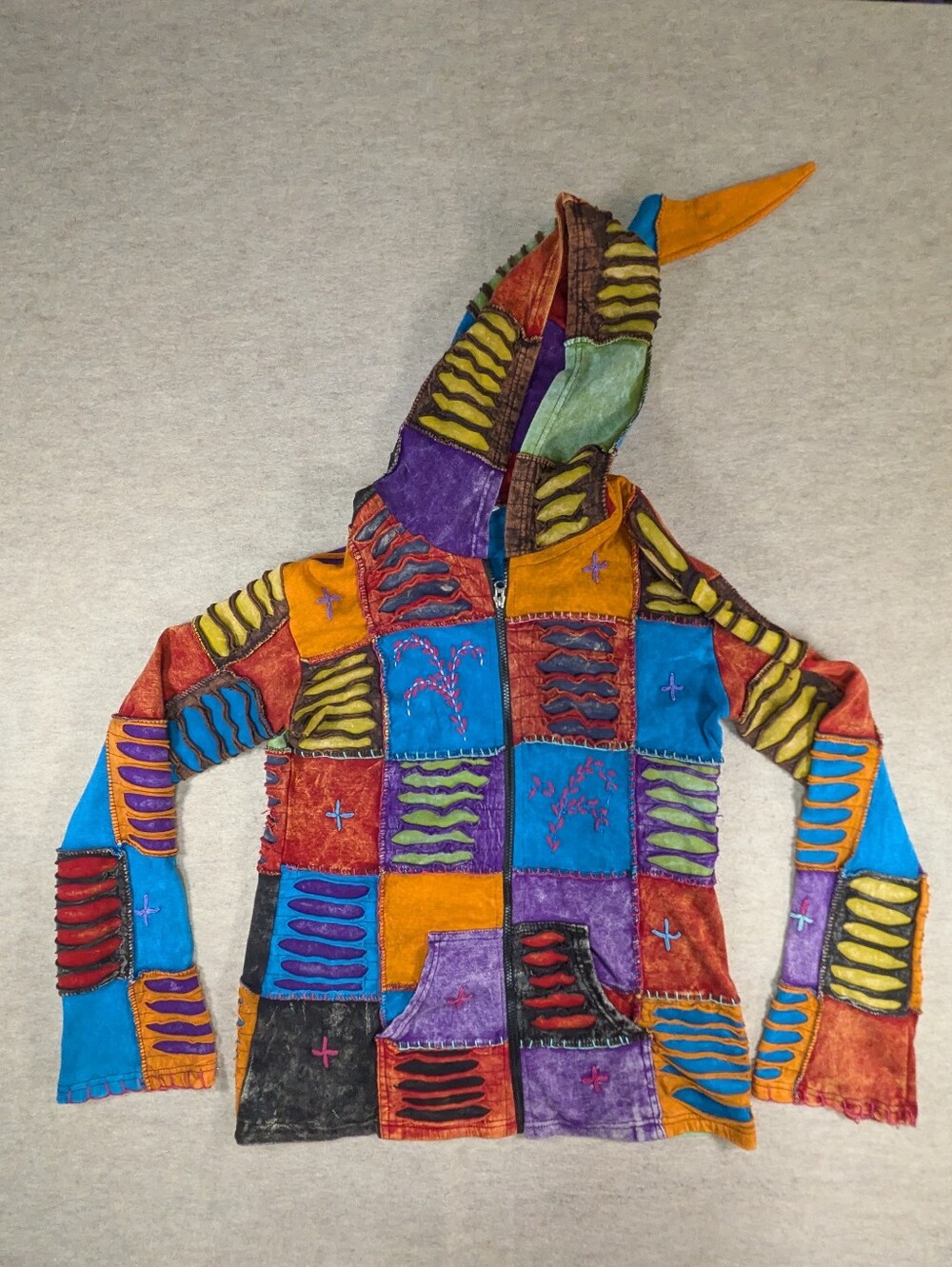 Hippie Boho Patchwork Multicolor Zip Up Hoodie Pointed Hood Whimsy 90s Cotton L